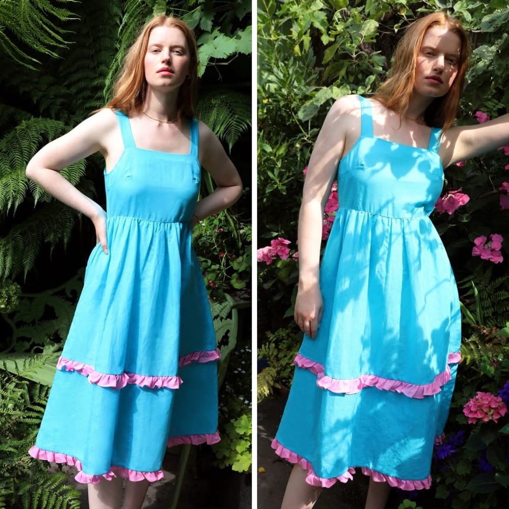 Dora Larsen Blue and Pink Tiered cotton/linen Dress NWT